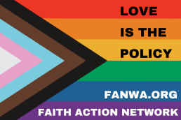 Pride Flag with text "Love is the Policy"